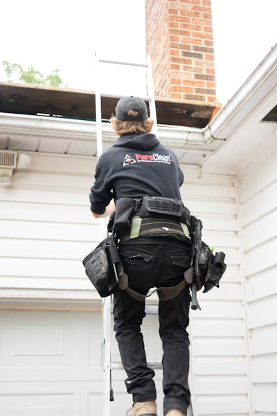 Professional roofer climbing ladder for roof inspection